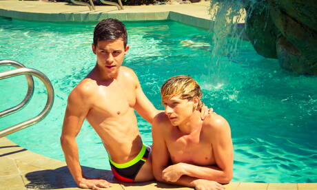 Andy Taylor, Kody Knight, Ian Levine, Liam Riley, Jessie Montgomery, Stefan Nash have fun on party at the pool