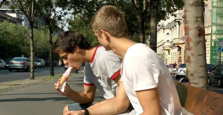 Hungarian twink Tom Pollock and czech well-built Rocco Alfieri fuck ass after sucking cock outside