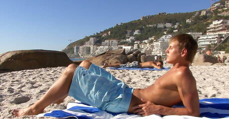 Czech stars beautiful boy Harris Hilton and husky guy Luke Hamill fuck ass after sucking dick on beach