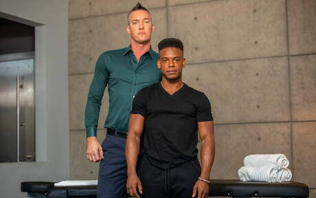 American pornstars husky guy Adrian Hart and hairy stud Silver Steele have interracial anal sex