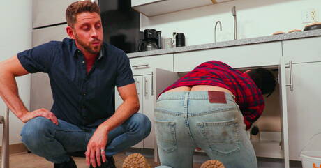 American well-built Johnny Ford and  Sebastian Sky have a hot couple scene in kitchen
