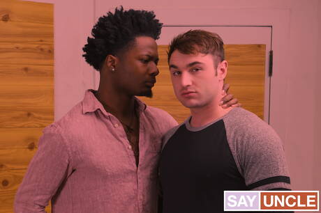 British beefcake Michael Boston and black hunky guy Bama Romello jack off with dildo