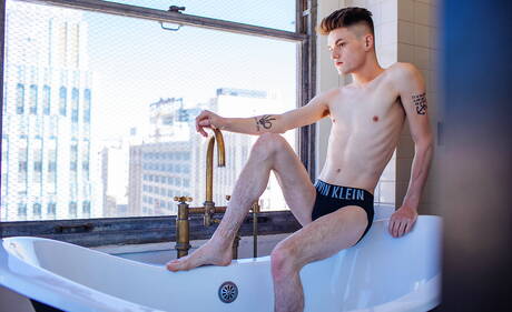 Hot americans, pretty boy Avery Jones and tough guy Kane Fox have a good sex in bathroom